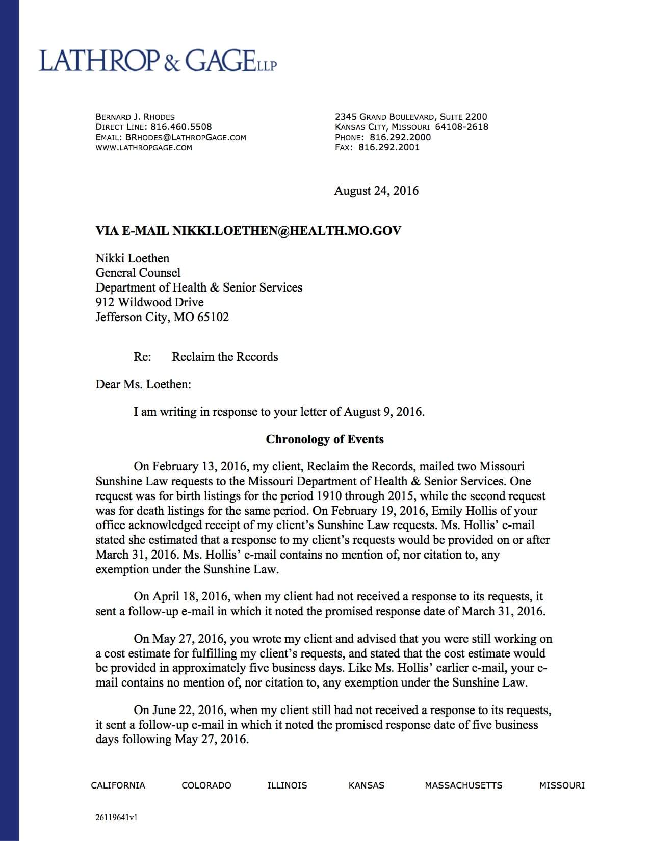 LETTER FROM RECLAIM THE RECORDS TO THE MO DEPT OF HEALTH AND SENIOR SERVICES (AUGUST 24, 2016)